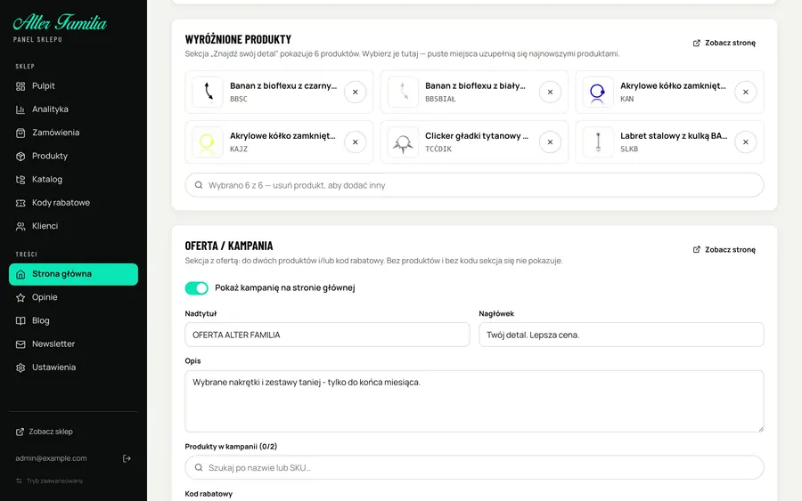 Edycja strony głównej – wyróżnione produkty i kampania
